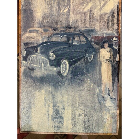 Vintage Mid Century City Street Scene Painting 1950’s Urban Skyline Signed 12x36 - Picture 6 of 6